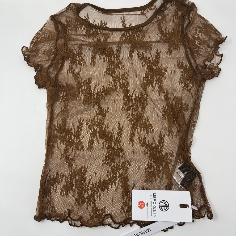 Merokeety Size L Large Short Sleeve Lace Tee, Brown‎